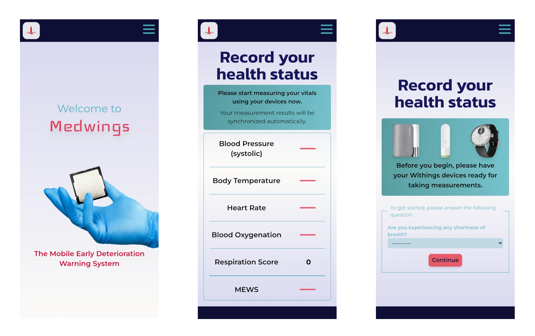 Screenshots of the Medwings Mobile Health Platform